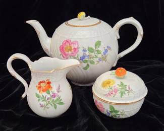 Meissen Tea Pot, Sugar & Creamer
