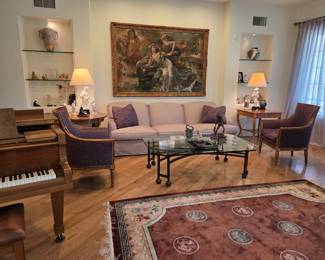 Silk Sofa, Heavy Glass-Top Iron-Base Coffee Table, Biedermeier-Style Side Tables, Pair Regencyu-Style Armchairs, etc.