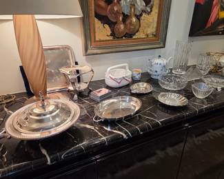 Pair Donghia "Ondoso" Murano Glass Lamps; Silverplate and Crystal Serving Pieces