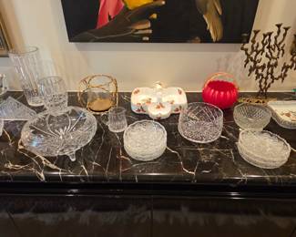 Crystal and Porcelain Serving Pieces; Murano Glass Red Basket; Brutalist Menorah