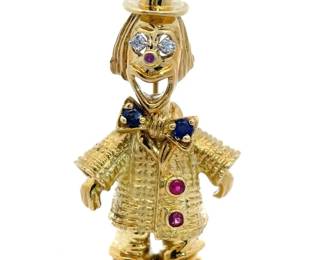 Peter Lindeman Clown Brooch Pin with Diamonds, Sapphires & Rubies