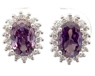 Oval Natural Amethyst Pave Cluster Stud Earrings