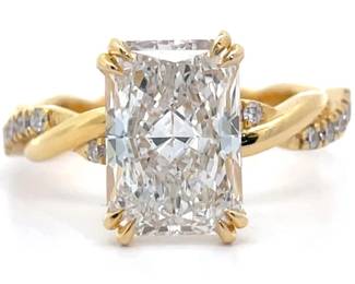 3.30 Carat Diamond Radiant Cut Twisted Vine Engagement Ring in 14k Yellow Gold w/ Report
