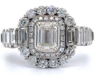 2.67 Carat Natural Diamond Emerald Cut Double Halo Eternity Estate Ring in 14k White Gold w/ Report