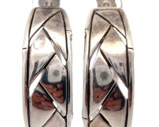 John Hardy "This Planted 2 Bamboos" Carved Basketweave Large C-Hoop Earrings