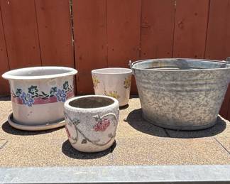 Assorted Ceramic and Metal Planters and Birdhouse or Feeder Set