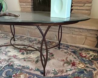 Oval Glass Top Coffee Table with Scrolled Metal Base third image
