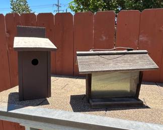Assorted Ceramic and Metal Planters and Birdhouse or Feeder Set third image