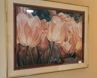 V78 - $125. Kathye Mendes Original Charcoal of Tulips. Measures 39.25” x 31.75” framed.