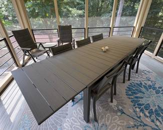 V45 - $350. Aluminum Outdoor Patio Set. Table and 6 Chairs. Fully Extended the Table Measures 119” x 35.25” x 30” Tall (79" with leaf down) . Chairs Measure 23” x 17.5” x 34.5” Tall.