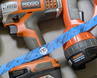 V135 - $130. Ridgid Impact Driver, 2 drills, radio, flashlight. 4 batteries & 2 chargers.