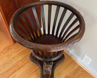 V11 - $175. Carved Wooden Planter (with Homemade top to use as a plant stand.) Measures 20” Diameter x 28” Tall.