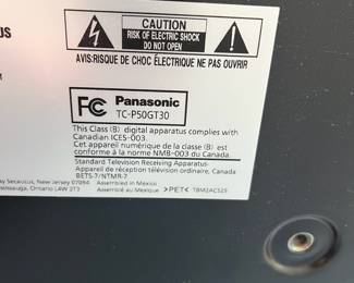 V8 - $25. 50” Panasonic Plasma TV with Remote. Model TC-P50GT30.