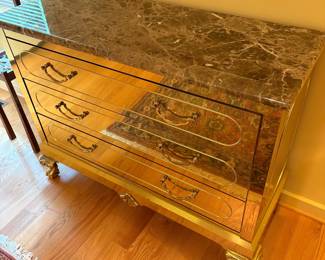 V65 - $1,350. Brass Clawfoot Bachelors Chest with Marble Top. (Marble does come off to move) Measures 45.5” x 17.5 x 30” Tall.