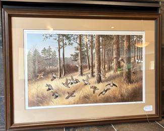 V73 - $35. 1981 “Out of the Pines Bobwhites” by Maynard Reece. Signed and numbered print. Measures 43.25” x 31.25”.