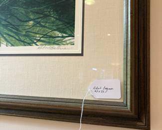 V52 - $125. Robert Bateman #817/950. "Up in the Pine" Great Horned Owl. Framed it measures 43” x 32.5”.