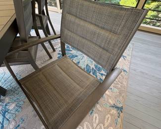 V45 - $350. Aluminum Outdoor Patio Set. Table and 6 Chairs. Fully Extended the Table Measures 119” x 35.25” x 30” Tall (79" with leaf down) . Chairs Measure 23” x 17.5” x 34.5” Tall.
