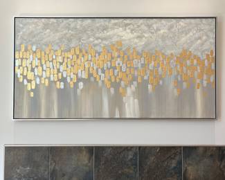 V74 - $250. Uttermost Parade Modern Art 35358. Measures 61" x 31". A hand-painted canvas featuring a textured gray and taupe background accented with raised gold and silver leaf bars.