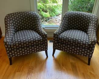 V54 - $75. Set 0f Rowe Furniture Side Chairs. Each Measures 31” Wide x 30” Deep x Floor to seat 20” x Floor to back 30.5 Tall. Both have picks from what looks like a cat.