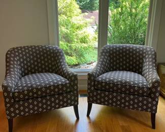 V54 - $75. Set 0f Rowe Furniture Side Chairs. Each Measures 31” Wide x 30” Deep x Floor to seat 20” x Floor to back 30.5 Tall. Both have picks from what looks like a cat.