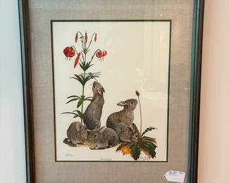 V71 - $50. Ray Harm "Young Cottontails" signed & numbered print. Measures 24" x 27.5" framed.