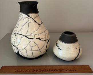 V34 - $55. Pair of Raku Vases. Signed - Intertwined SP.