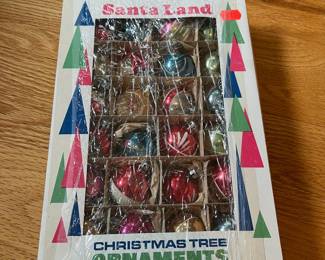 V125 - $60. Box of 24 Vintage Santa Land Ornaments. Very good vintage condition.