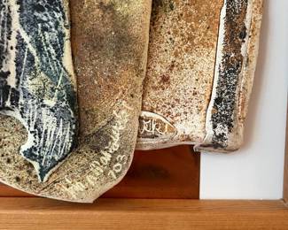V18 - $75. "On The Journey" Dry Glaze on Wet Clay with Copper. John Makowski. Measures 16” x 30.75”.