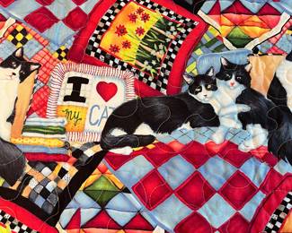 V169 - $45. Small Cat Quilt. Made By Durham - Orange Quilters. Measures 40.5" x 49.5".