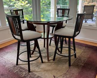 SET INFO - V1 - $850. *Beautiful* Handcrafted High Top Table. Table Measures 45.5” Diameter x 35.5” Tall.V2 - $650. Set of 4 . "Madison" Amisco Barstools. Counter Height Swivel. Model 41406-26BA. Measures 18” Wide x 17” Deep x Floor to Seat 25.5” x Floor to Back 40.25” Tall. Excellent condition.