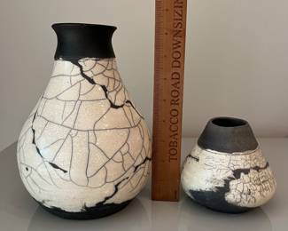 V34 - $55. Pair of Raku Vases. Signed - Intertwined SP.