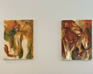 V6 - $650 Each - or $1100 for the Pair. Shannon Bueker Originals. Painting on the left is titled "Lioness". Painting on the right is titled "Lion Look". Each Measures 30” x 40”.