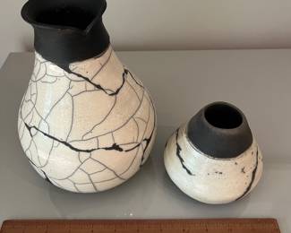V34 - $55. Pair of Raku Vases. Signed - Intertwined SP.