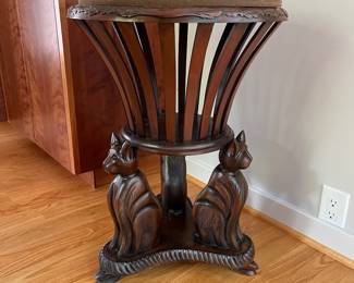V11 - $175. Carved Wooden Planter (with Homemade top to use as a plant stand.) Measures 20” Diameter x 28” Tall.