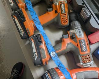 V135 - $130. Ridgid Impact Driver, 2 drills, radio, flashlight. 4 batteries & 2 chargers.