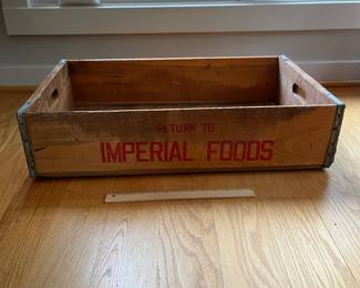 V167 - $45. Vintage Imperial Foods Goldsboro NC Wooden Crate. Measures 27" x 16" x 6.5" Tall.