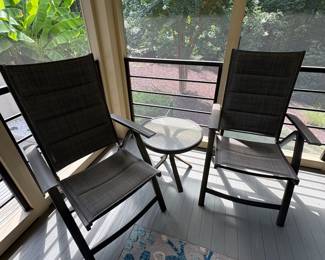 V47 - $100. Outdoor Patio Set. Small Table and 2 Folding Chairs. Table Measures 20.25” x 18.75” Tall. Chairs Measure 24.5” x 21” x 41” Tall.