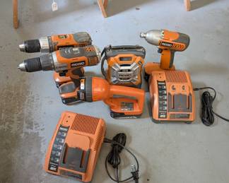V135 - $130. Ridgid Impact Driver, 2 drills, radio, flashlight. 4 batteries & 2 chargers.