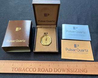 V112 - $40. 1970’s Pulsar Quartz Pocket Watch. Monogramed RJG.