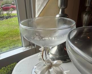 Bride and Groom Etched Glass Champagne Coupes
