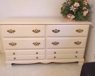 Cream Painted French Provincial Six-Drawer Dresser with Brass Pulls