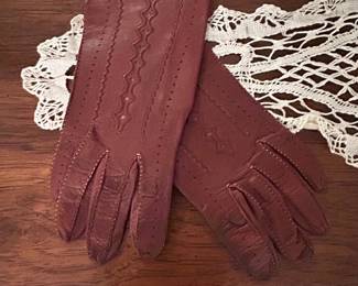 Vintage Leather Gloves with Perforations and Decorative Stitching