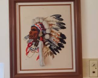 Framed Sunset Designs Crewel Native American Chief Textile Art