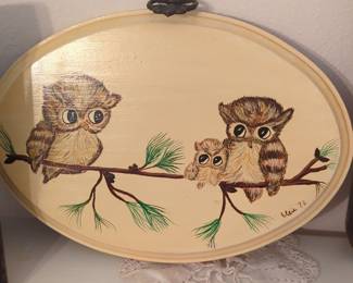 Oval Painted Plaque with Owlets