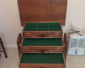 Vintage Hand-Carved Wooden Sewing Box with Drawers