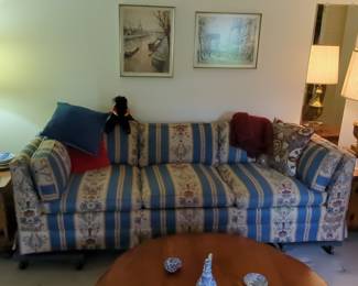 Traditional Blue Striped Floral Sofa