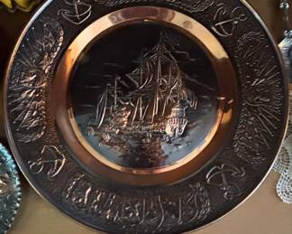 Vintage Copper Embossed Decorative Plate with Sailing Ship Motif
