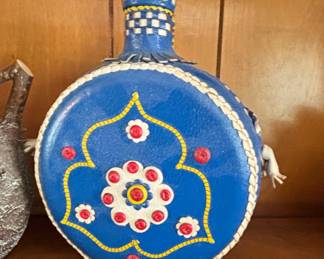 Vintage Folk Art Blue Floral Leather Wrapped Glass Flask