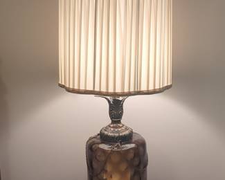 Vintage Amber Glass Table Lamp with Ornate Pedestal and Pleated Shade