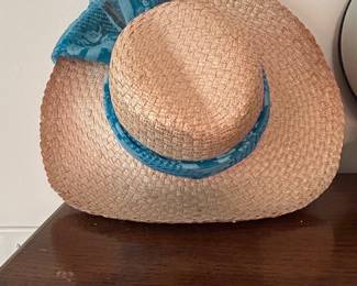 Woven Straw Sun Hat with Blue Patterned Scarf